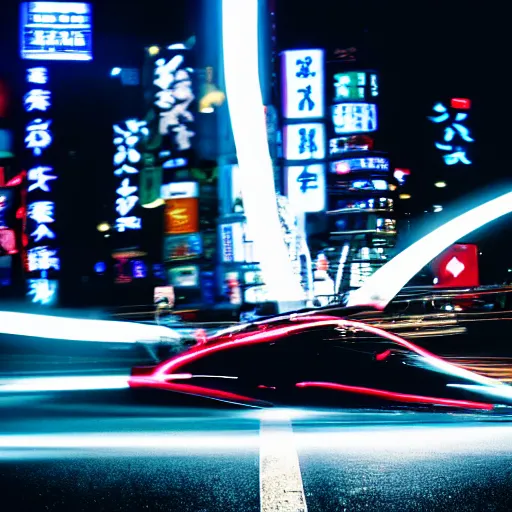 Image similar to photo of a dragon at night in a city, cinematic, 4 k, long exposure photography, tokyo drift, fast and furious, film still, night photography, motion blur, lens flare, movie shot, light trail, distortion, wide angle, reflections