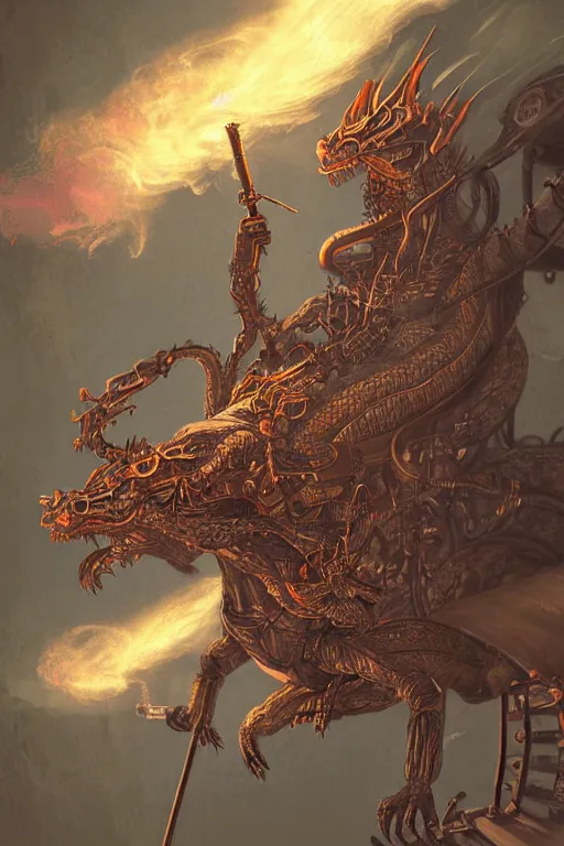 Image similar to illustration, live dragon, old sick gold and crimsoned scaled asian style dragon on a victorian plank of machinery with wires and gears and steam punk apparatus, matte painting, style of studio ghibli, concept art, featured in artstation and artgerm and pixiv, award winning, cinematic, 8 k