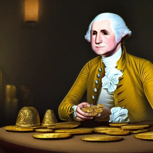 Image similar to a closeup photorealistic photograph of a happy George Washington inspecting small gold Doubloon coins at his home on Cherry Street. This 4K HD image is Trending on Artstation, featured on Behance, well-rendered, extra crisp, features intricate detail and the style of Unreal Engine.