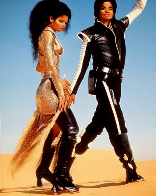 Image similar to pre plastic surgery michael jackson, as luke sky - walker, with janet jackson as princess lie, studio lighting, star wars themed, beautiful tunisian desert at sunset, michael jackson is normal looking and has had no work done to his face, photoshoot in the styled of annie leibovitz