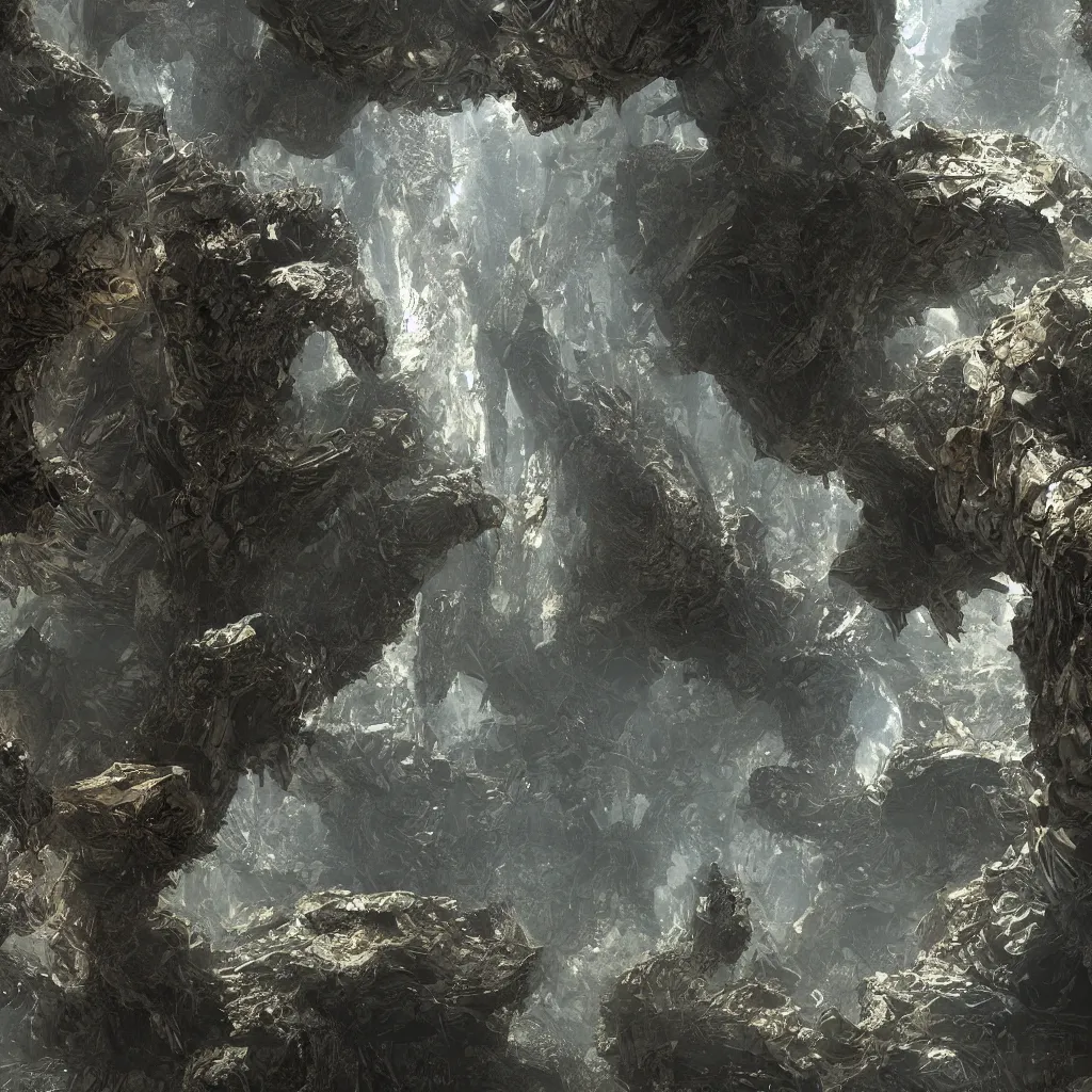 Image similar to concept art by craig mullins alien monster. mandelbulb fractal. reflection and dispersion materials. rays and dispersion of light. volumetric light. 5 0 mm, f / 3 2. noise film photo. flash photography. unreal engine 4, octane render. movie art