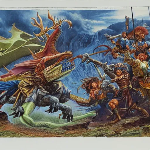 Prompt: a group on adventures fighting a mighty dragon, by Jeff Easley