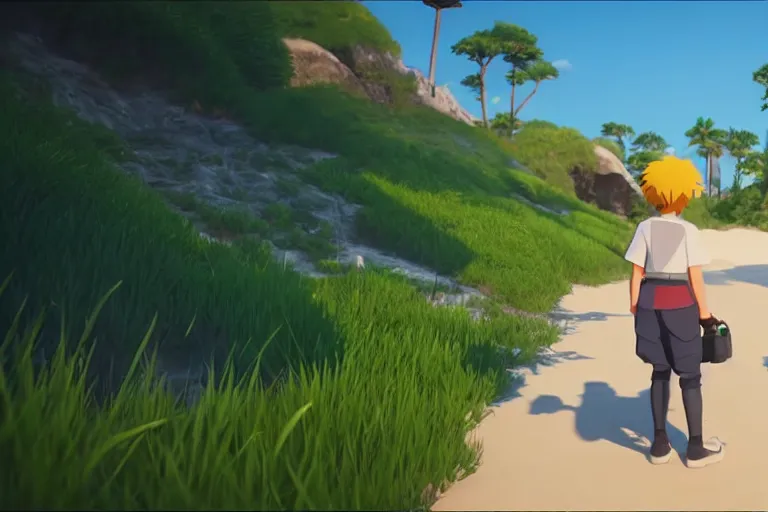 Prompt: game trailer of a semi realistic first person studio ghibli, pixar and disney animation, sharp, shooter game trailer on a shining beach, beach landscape, rendered in unreal engine 5, cinematic lighting, ray tracing, unreal engine 5, photorealistic