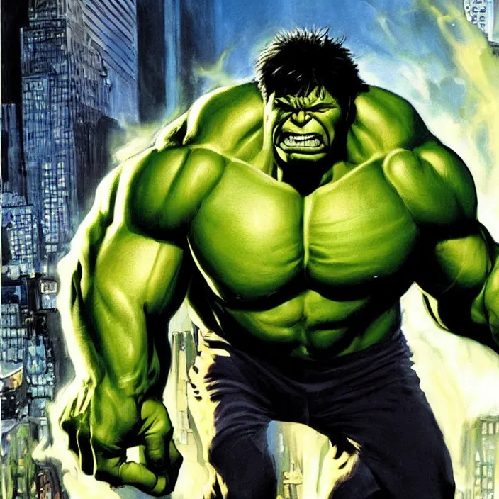 Image similar to a portrait of the incredible hulk looking angry in new york city by joe jusko, simone bianchi and alex ross dramatic lighting.