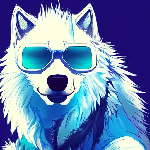Prompt: A White Wolf, blue mohawk hairstyle, aviator sunglasses, synthwave style, artstation