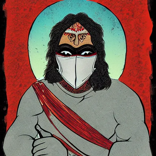 Image similar to persian folktale art style, barbarian on mars, wearing a mask