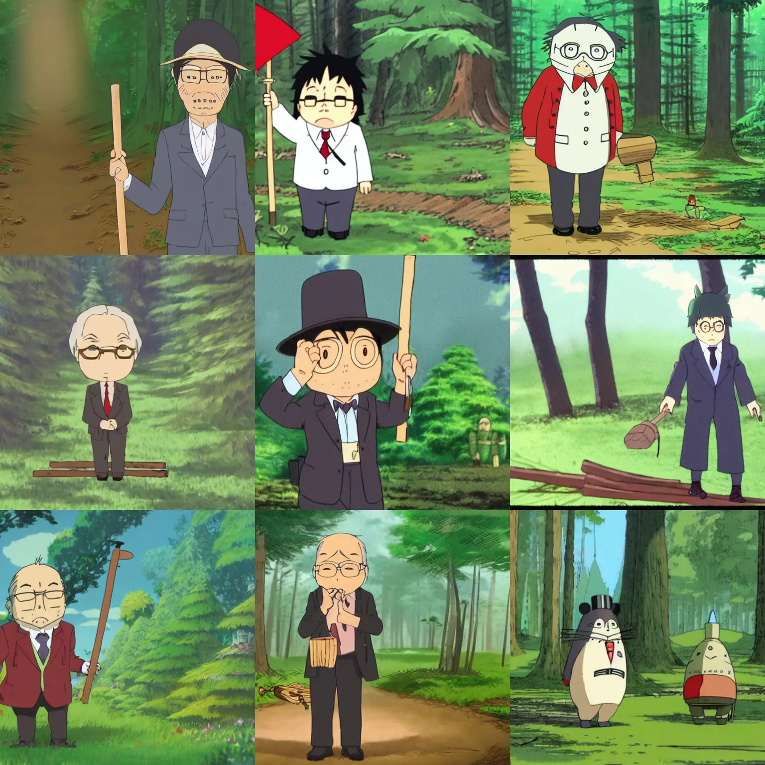 Prompt: older man in a fancy suit with a hungarian flag in a forest, holding a wood piece, in the style of hayao miyazaki, studio ghibli, screenshot from totoro