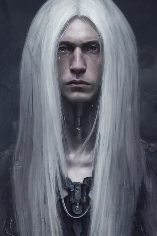 Prompt: a fancy portrait of a toned male half human half mechanical with long white hair by greg rutkowski, sung choi, mitchell mohrhauser, maciej kuciara, johnson ting, maxim verehin, peter konig, bloodborne, 8 k photorealistic, cinematic lighting, hd, high details, dramatic, dark atmosphere, trending on artstation