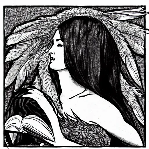 Prompt: highly detailed ink drawing of young innocent jennifer connelly as youthful alien bird - woman, gothic wearing hooded dark cloak, morphing, modestly dressed, reading in library, gray skin, black feathers instead of hair, black feathers growing out of skin, bumpy skin, black hands with black claws, comic book, rough paper, mike mignogna, mucha