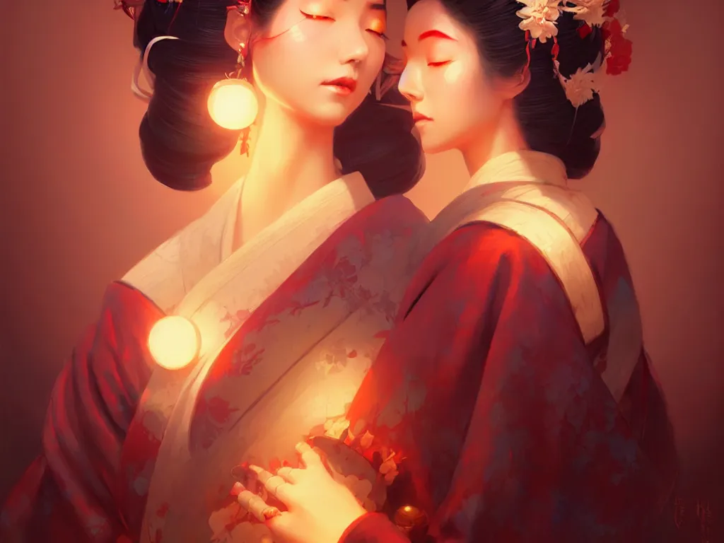 Image similar to pretty geisha, d & d digital painting, ultra realistic, beautiful, volumetric lighting, warm colors advance, cell shading, by james jean, greg rutkowski, wlop