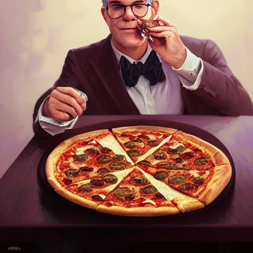 Image similar to portrait of Steve Martin eating pizza, highly detailed, digital painting, artstation, concept art, sharp focus, illustration, art by artgerm and greg rutkowski and alphonse mucha