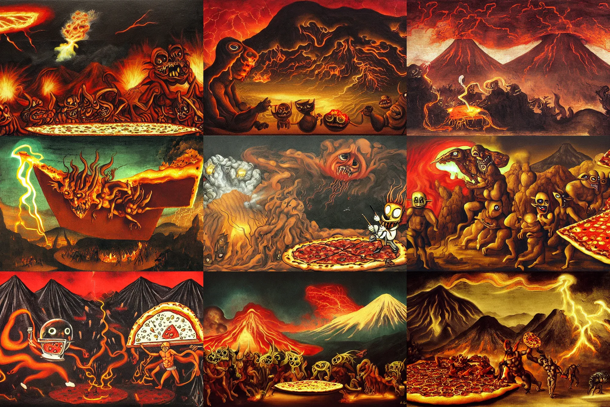 Prompt: masked demons grabbing a large pizza!!!, in the background is a volcano spewing lava and black smoke, streams of glowing hot lava, flashes of lightning in the distance. wide angle, long shot, an ultrafine detailed painting by leonardo da vinci, deviantart, pop surrealism