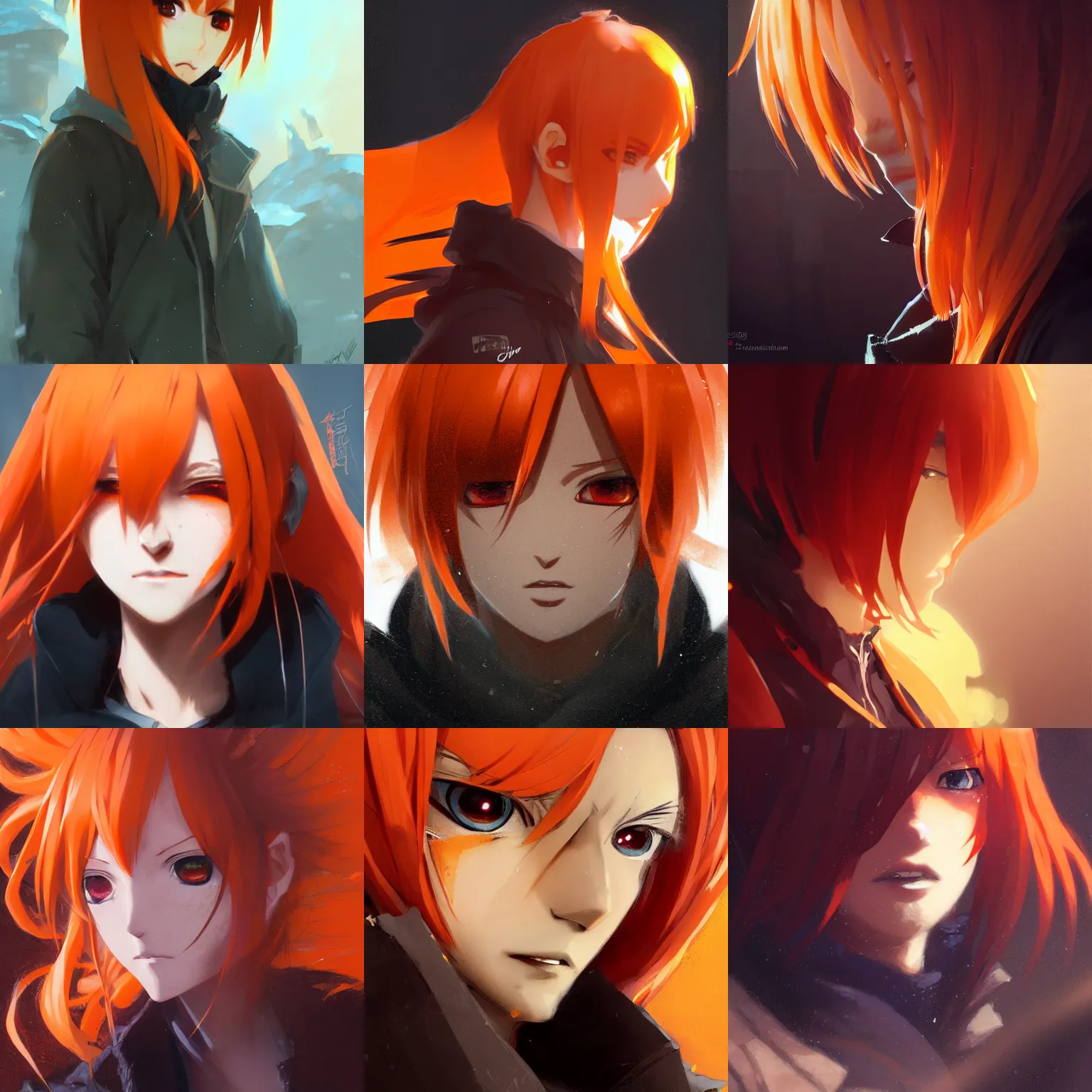 Prompt: Anime Character close up, Orange Gradient Hair, black and orange coat, orange pupils, backroom background, art by greg rutkowski, thomas kindkade