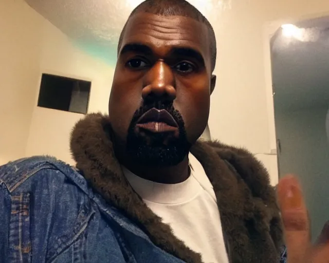 Image similar to my uncle that look like Kanye West if he was poor asf accidentally taking a selfie, front camera, camera flash is so bright in his face, viral, selfie, viral on twitter, viral on instagram, viral photo