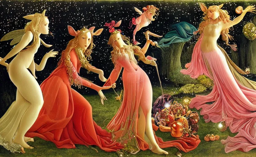 Image similar to magical sparkly mice, dancing, sleeping, sugar plums, fairy, gay, cinematic, concept art, painting, painted by botticelli