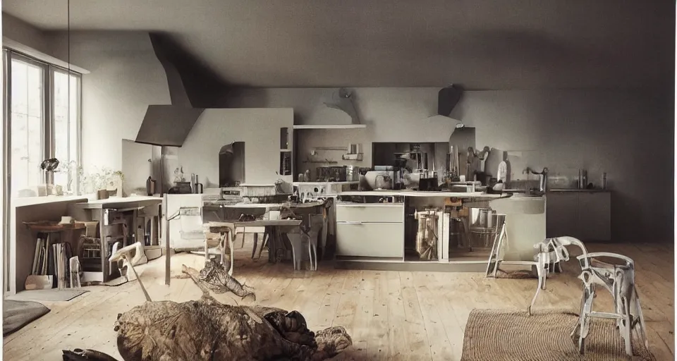 Image similar to IKEA catalogue photo, high end farm house style kitchen, sand dunes, coffee machine, by Beksiński