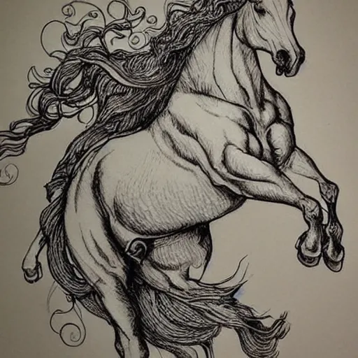 Image similar to “8k ink drawing of Diana huntress, Horses in run, intricate in style of Michelangelo and Albrecht Durer, beautiful woodland, hand made paper”