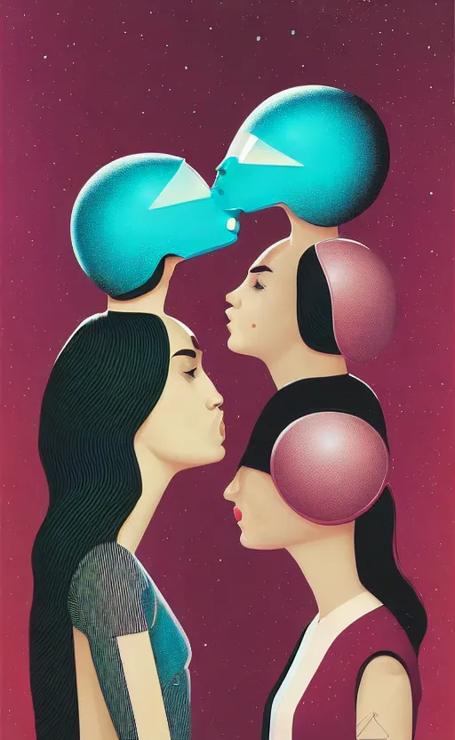 Prompt: portrait of two girl kissing each other and wearing a futuristic helmet by Petros Afshar and Beeple, James Gilleard, Mark Ryden, Wolfgang Lettl highly detailed