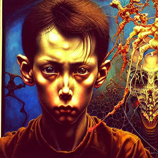 Prompt: a figure of a boy in front of a pc computer monitor in an old soviet apartment by ayami kojima, amano, karol bak, neo - gothic, gothic, rich deep colors. beksinski painting, from a movie by david cronenberg. art by takato yamamoto. masterpiece. realistic detailed image