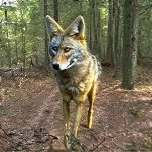 Image similar to trailcam footage of native weird distorted body Skinwalker transforming into a coyote