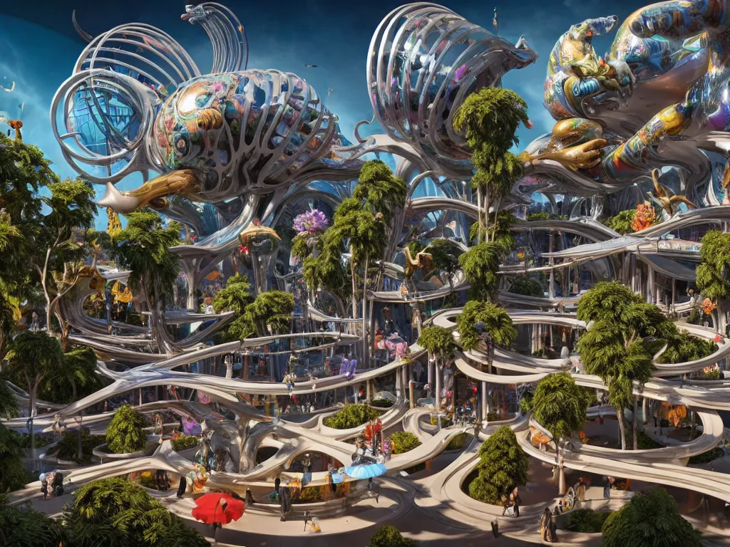 Image similar to a busy elaborate ornate outdoor science museum, cinematic, shadows, 4 k, detailed, by zaha hadid and lisa frank and peter jackson and ridley scott and beeple and greg rutowski