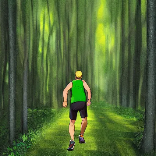 Prompt: a sporty guy in acid-green sneakers, runs alone through a forest with tall trees, comic book art, a shot from the back in perspective, Digital concept art, digital painting, very highly detailed, micro details, body's best illustration,