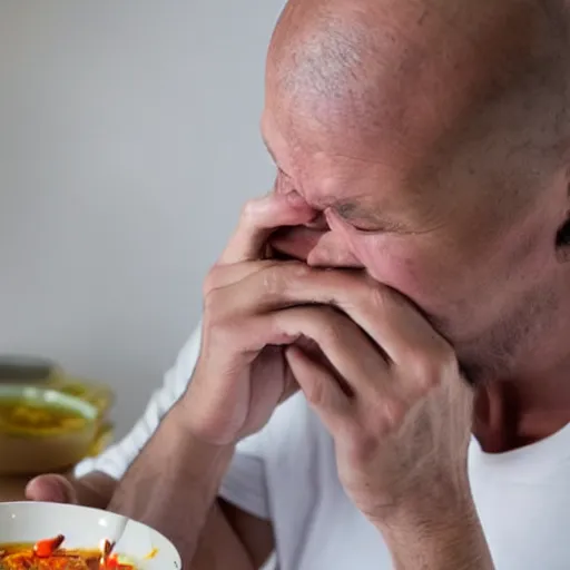 Prompt: A person sits crying eating a lot of soup with a large spoon in a white room with a dark door at the back, next to him is a man standing in a doll costume