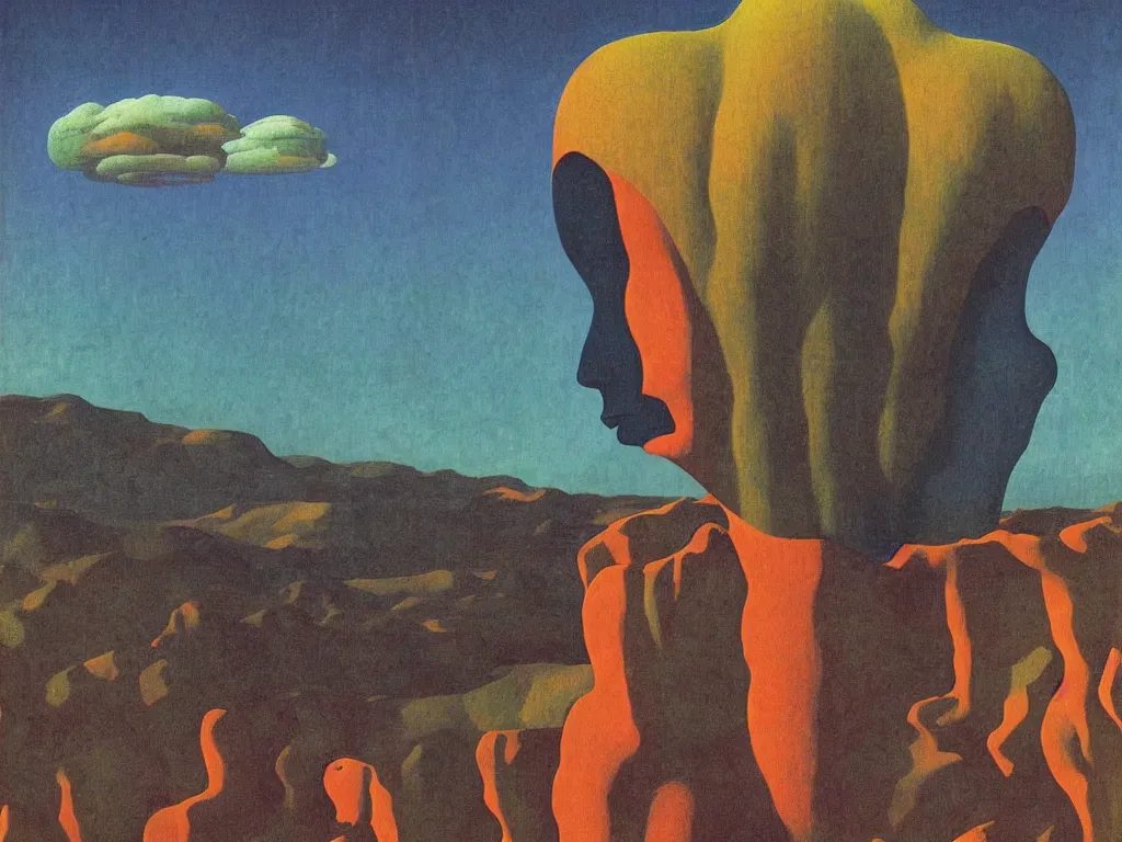 Prompt: Aurora night, sweaty mountain, the antler people, giant raindorps, African mask, acid rains. The sacred nipple, Fata morgana above the oasis. Painting by Rene Magritte, Jean Delville, Max Ernst, Maria Sybilla Merian