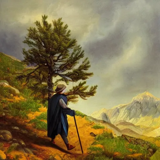 Image similar to a man in a grey cloak and brimmed hat with a staff travelling trough the mountains with trees, very detailed, colorful, oil painting, clouds
