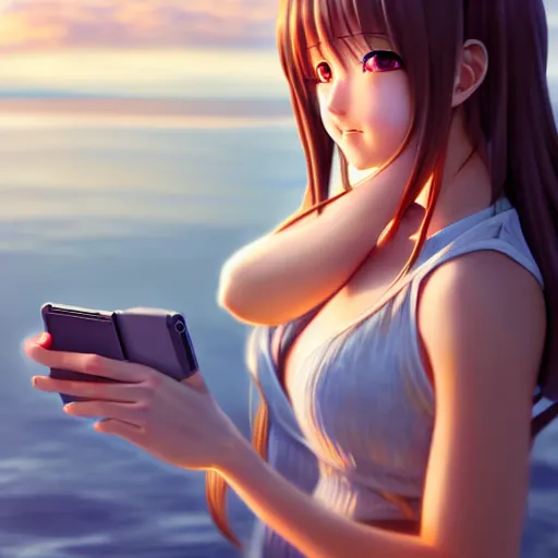 Image similar to beautiful serene intricate very detailed portrait of a realistic anime girl taking a selfie, smiling softly, wearing casual clothes, relaxing on the beach, golden hour, soft focus, 8 k, art by irakli nadar, hyperrealism, hyperdetailed, ultra realistic