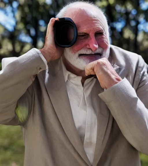 Image similar to silly portrait of hide the pain harold saluting, round face, earnest, stock photo, Nikon 50mm f/1.8G, greg rutkowski, ilya repin