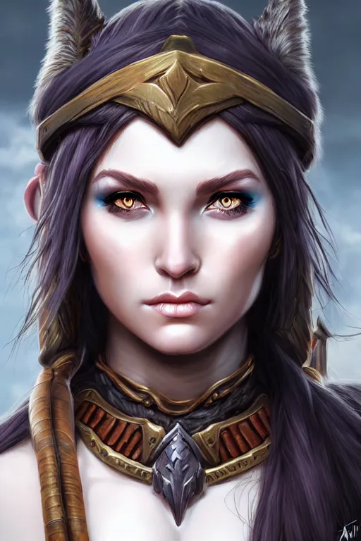 Prompt: head and shoulders portrait of a barbarian, female, high fantasy, dnd, face details, extremely detailed, by artgerm