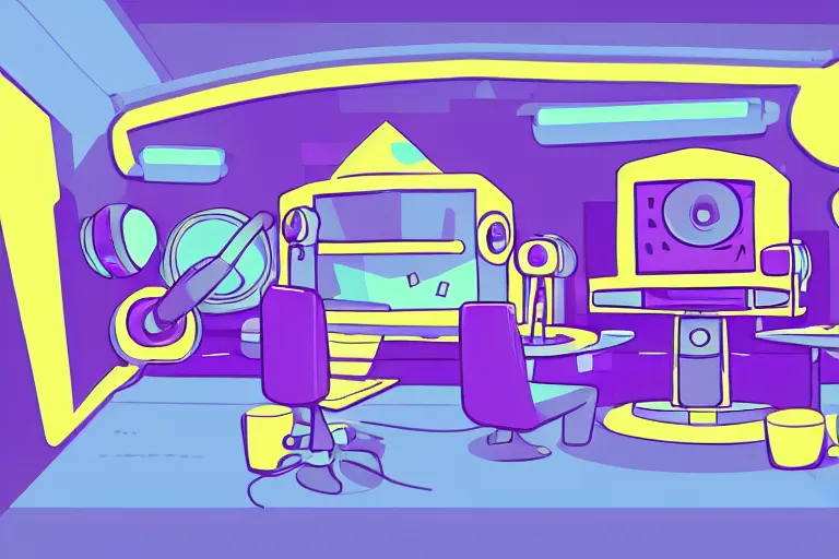 Prompt: radio station in steven universe video game art style, thick outlines, color vector art, artstation, illustration, 4 5 degree camera angle