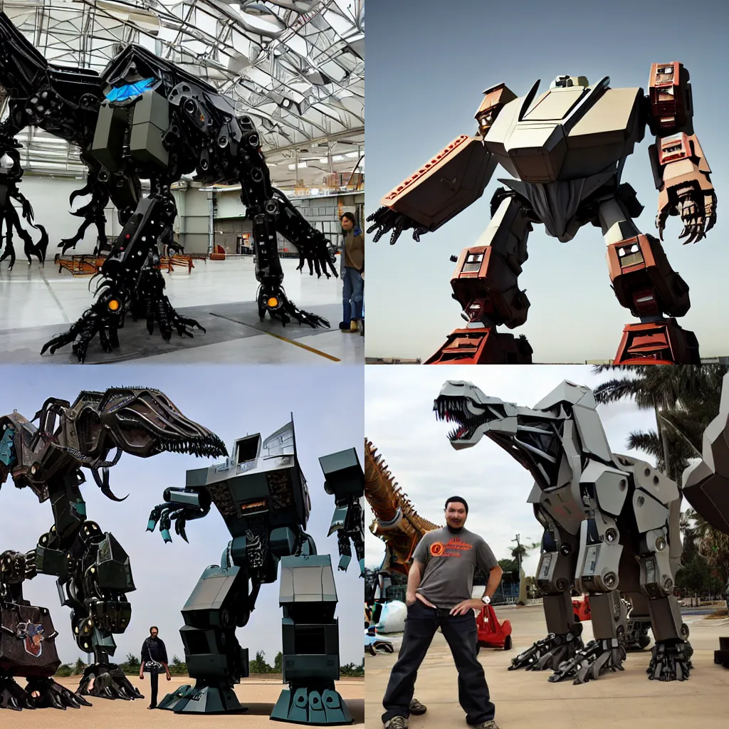 Prompt: giant mech robot is real leather dinosaurs, robot legs are dinosaurs, voltron