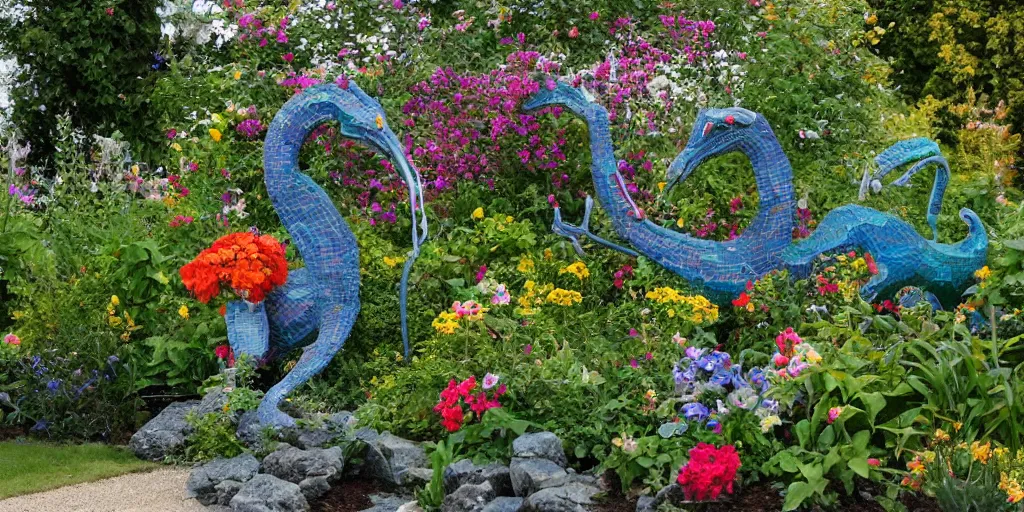 Image similar to folk art garden sculptures in an english cottage garden, cottagecore flower garden, concrete sculpture of a wyrm, colorful mosaic, sculpture by wouterina de raad!!!, art by james tellen, highly detailed, realistic anatomical proportions, textured hand built concrete sculpture, amazing concrete sculpture, 4 k