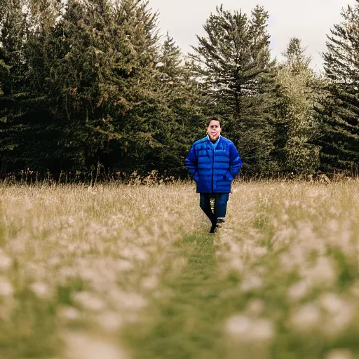 Prompt: steven bonnell ii in a blue jacket walking in a field, 5 0 mm sigma lens, sony a 7 siii