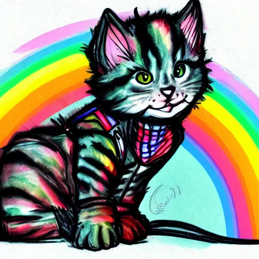 Image similar to wide angle full body, of a fluffy cute rainbow kitten wearing a black leather motorcycle jacket, concept art