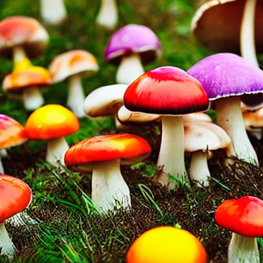 Prompt: field of colorful mushrooms, realistic, pretty