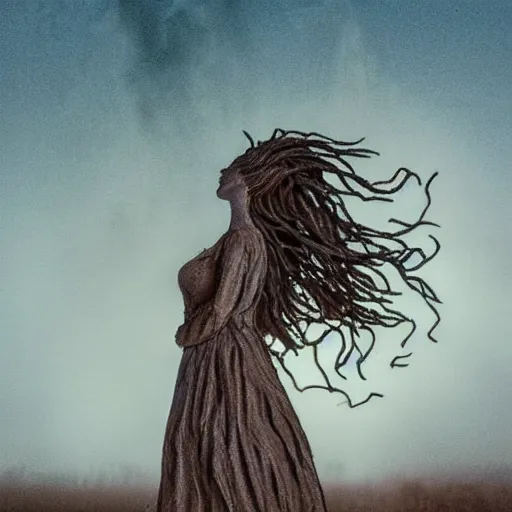 Image similar to The sculpture depicts a woman standing in a field of ashes, her dress billowing in the wind. Her hair is wild and her eyes are closed, and she seems to be in a trance-like state. The sculpture is dark and atmospheric, and the ashes in the field seem to be almost alive, swirling around. colorful lighting by Fabian Perez, by George Herriman threatening