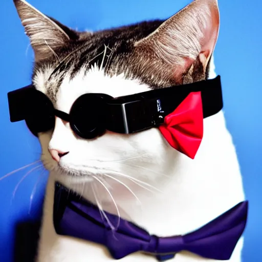 Image similar to sapphire cat wearing black goggles and red bow tie