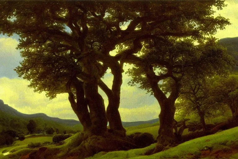 Image similar to masterpiece painting of oak trees on a hillside overlooking a creek, dramatic lighting, by william dyce