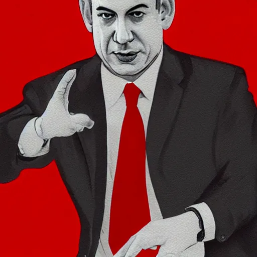 Prompt: portrait of benjamin netanyahu as a godfather, neo noir, dark, foreboding, black white grey red color palette