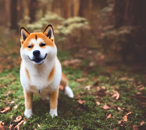 Image similar to a portrait of shiba inu with a mushroom cap growing on its head. intricate. lifelike. soft light. sony a 7 r iv 5 5 mm. cinematic post - processing