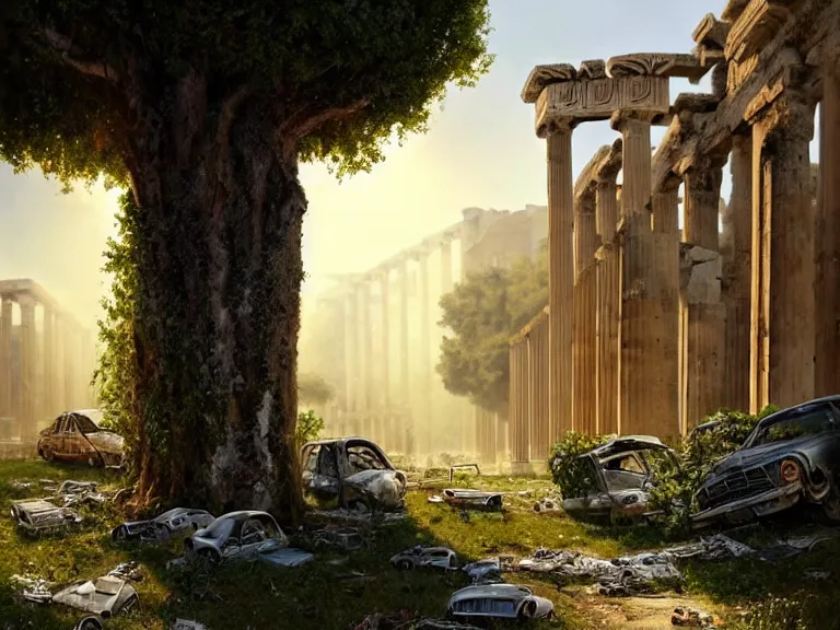 Image similar to tree growing in ancient greek ruins, gray wasteland, many scrap cars, plastic waste, rubble, pillars, flowers, vines, hyperrealistic, highly detailed, cinematic, single ray of golden sunlight, beautiful, cgssociety, artstation, 8 k, oil painting by greg rutkowski, by artgerm, by wlop