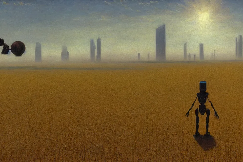 Image similar to sci-fi painting of a large alien city on the vast wheat fields, the closed back view of one humanoid robot on the ground, by Albert Bierstadt, godrays, detailed