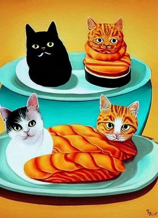 Image similar to clear surrealist painting of adorable cats made out of sushi