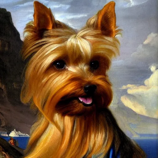 Prompt: Yorkshire Terrier under a rainbow in Santorini in the style of Lady with an Ermine, head and shoulders portrait, stormy weather, extremely detailed masterpiece, oil on canvas, by J. C. Leyendecker and Peter Paul Rubens and Edward Hopper and Michael Sowa,