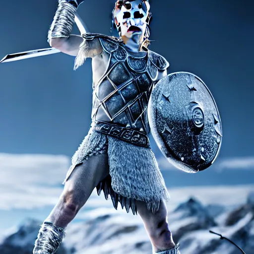 Image similar to photography of a hyper realistic crystal clear ice statue of tom holland as a viking warrior god. stuning, intricate, complexe. snowy mountains dream landscape. professional digital art, unreal engine 5