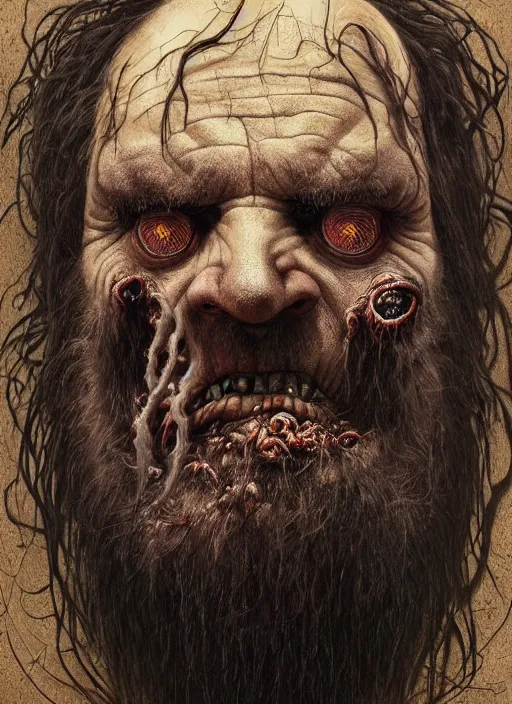 Image similar to portrait of a 6 0 year old giant man zombie with long tattered tangles of thinning black hair, eerie glowing eyes, wall hanging trophy taxidermy, hyper realistic head, fantasy art, in the style of greg rutkowski, zdizslaw beksinski, intricate, alphonse mucha, hyper detailed, smooth