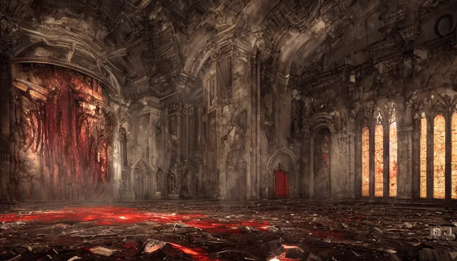 Prompt: astaroth manifests in an abandoned church at the vatican, 8 k, soft lighting, hdr, octane render, hr giger cinematic, red fluid on walls of the church, smoke, yasushi nirasawa style photorealistic, bokeh